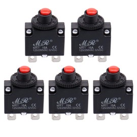 RKURCK 15 Amps Thermal Circuit Breakers, 125/250V AC 32V DC Push Button Manual Reset Overload Protector Circuit Breaker Switch 15A 5 Pack