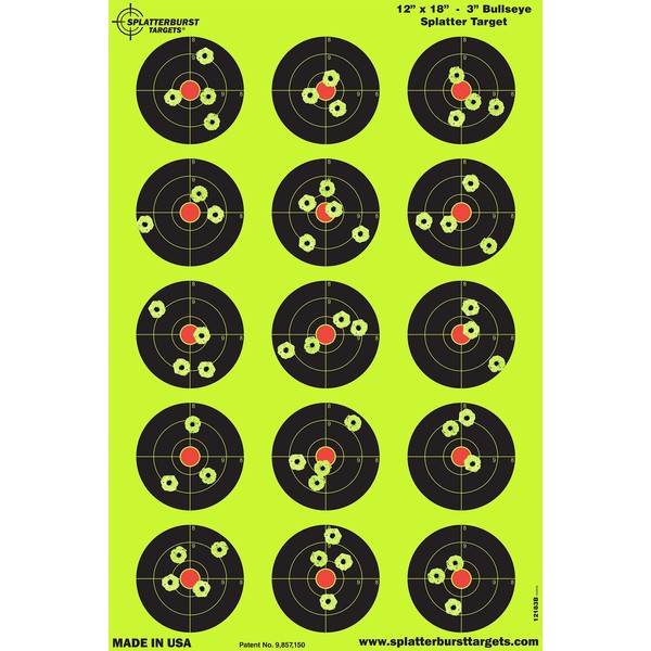 Splatterburst Targets - 12 x18 inch - 3 inch Bullseye Splatter Target - Easily See Your Shots Burst Bright Fluorescent Yellow Upon Impact - Made in The USA (50 Pack)