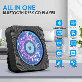 Gueray CD Player with Speakers Bluetooth Desktop CD Players for Home Radio CD Player with Remote Control HiFi Speakers Dust Cover LED Screen Timer Supports AUX USB TF Card Playback