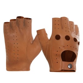 Harssidanzar Mens Driving Gloves Fingerless Gloves Lambskin Leather Unlined Half Finger Gloves GM032CA, Tan, Size Medium