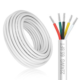 22 Gauge 5 Conductor Electrical Wire, 65.6FT White Stranded Low Voltage 22/5 PVC Case, 22 AWG Tinned Copper 5 Wire Extension Power for Strips LED Lamp Lighting