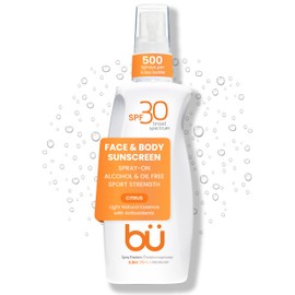 BU SPF 30 Sunscreen Spray for Face and Body, Non Aerosol Spray, Clear WOWmist, TSA Travel Size Sunblock, Oil Free and Water Resistant for Sensitive Skin, Natural Citrus 3.3 oz