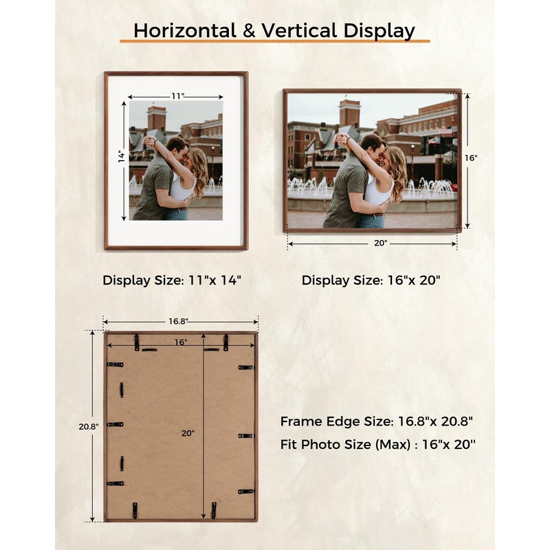 RICHFOCUS 16x20 Picture Frame USA-Sourced Natural Walnut Solid Wood Photo