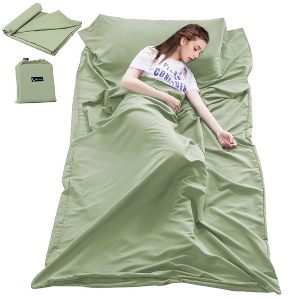 Cotton Sleeping Bag Liner Travel and Camping Sheet Lightweight Compact Sleep Bag Sack Picnic (82.7 X 63 Inch, Green)