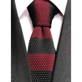 Men Novelty Wide Stripe Burgundy Red Black Fashion Knit Tie Stylish Groom Groomsmen Wedding Neckties