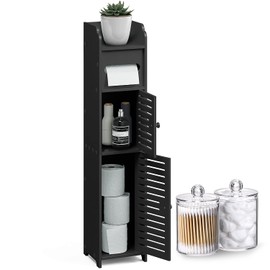 Hearth & Harbor Bathroom Storage Organizer, Bathroom Storage Cabinet with Doors for Toilet Paper, Floor Standing Bathroom Cabinet with 2 Apothecary Bathroom Decor Jars, Bathroom Shelf Organizer, Black