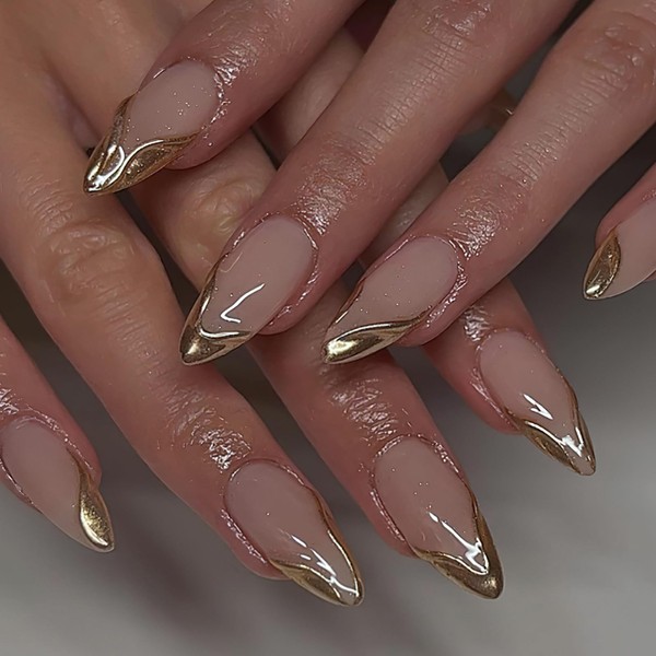 FNKFNK Gold French Tip Press on Nails Almond Medium Fake