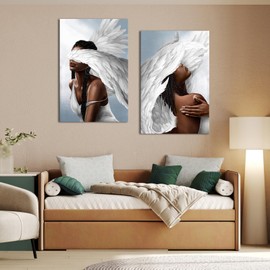 NutArtPic Angel Wall Art Canvas Woman with Angel Wings Painting Prints African American Girl Pictures Angel Girl Artwork for Home Living Room Bedroom Decor (24''x36''x2panels)