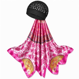 2 in 1 Wrap Cap Hair Net and Scarf for Silk Press, Satin Wrap Cap Bonnet for Women, Adjustable Stay-On Sleep Hair Net Scarf for All Hair Types (Rose pink, One Size)