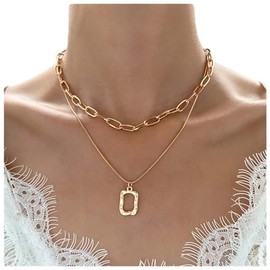 Cimenexe Bohemian Layered Choker Necklace Textured Square Pendant Necklace Gold Raised Square Necklace Paperclip Chain Necklace Geometric Carved Rectangle Necklace Jewelry for Women and Girls Gifts