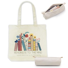 KUKUPACK Cute Canvas Book Tote Bag with Pocket, Book Lovers Gifts for Adults,Book Themed Birthday Gifts for Book Lovers Women- Reading Accessories,Librarian, Bookish, Readers, Author, Library Present
