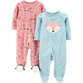 Simple Joys by Carter's Girls' 2-Pack Fleece Footed Sleep and Play, fox/pink Animal, Newborn