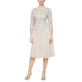 Alex Evenings Women's Tea Length Embroidered Bodice Mother of The Bride Gown, Wedding Guest Dress Regular Sizes, Taupe Sequin, 14 Petite