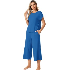 WiWi Viscose from Bamboo Pajamas Set for Women Soft Short Sleeve Top with Capri Pants Sleepwear Summer S-XXL, Bright Blue, XX-Large