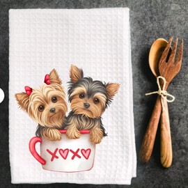 Yorkies in A Mug Kitchen Dish Towel Waffle Weave 16x24 - Yorkshire Terrier