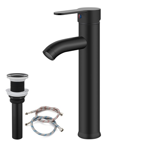 gotonovo Bathroom Sink Faucet Lavatory Vanity Mixer Bar Tap Combo Single Hole Single Handle Deck Mount with Water Supply Lines Matte Black Vessel with Metal Pop Up Drain