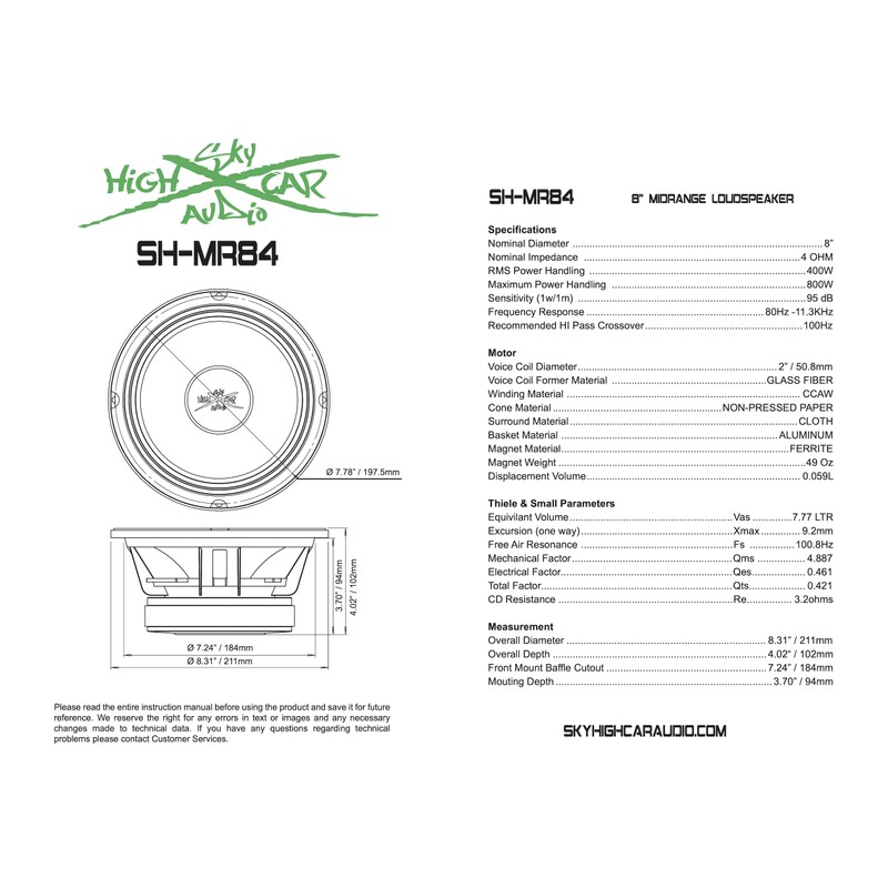 Sky High Car Audio SHCA MR84 8" Midrange Midbass Speaker