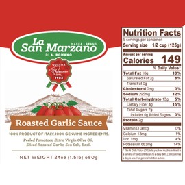 La San Marzano Roasted Garlic Sauce, 24 oz, Pasta Sauce Made in Italy, All Purpose Tomato Premium Quality, All Natural, Mediterranean Diet, Non GMO, Vegan, Gluten Free