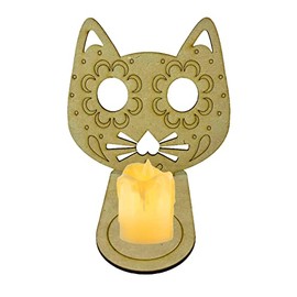Portavela Calaverita de azúcar para altar Día de Muertos con vela de pila incluida. Paquete con 4 piezas. (Gato)