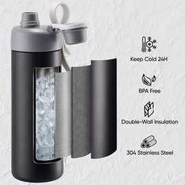 Fijinhom 18 oz Insulated Water Bottle with Handle, 304 Stainless Steel Double Wall Vacuum, Keep 24H Cold, Leak Proof, BPA-Free,with Lid & Non-Slip Bottom for Outdoor, Sports, Work, Travel (Black)
