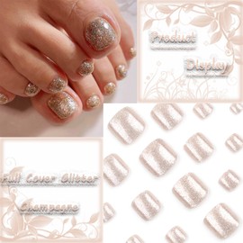 24Pcs Sparkly Acrylic False Toes Nails Short Square Fake Toenails Glossy Gold Glitter Press on Toe Nails Cute Full Cover Gold Glitter Design Artificial Toenail Manicure Art for Coquette Women Girls