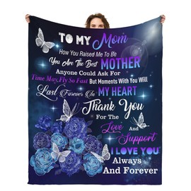 OUXIOAZ to My Mom Blanket from Daughter Son, Blue Rose Butterfly Design, Heartfelt Thank You Message Throw, Best Mother's Day Birthday Gift for Mom 50x60 Inch
