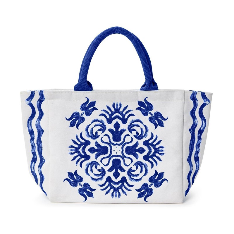 Two's Company Blue Tile Block Printed Thermal Lunch Tote Bag