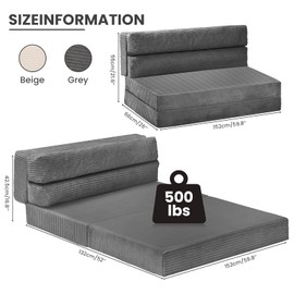 JUIKURY Folding Sofa Bed, Convertible Sleeper Chair with Pilow Foldable Matress, 2 in 1 Pull Out Loveseat Sofa Portable Fold Out Chair Bed Floor Couch Lounge for Living Room Bedroom (Grey, Queen)