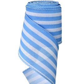 TONIFUL 2.5 Inch Wired Edge Ribbon, Blue and White Stripe Burlap Wired Ribbon, Summer Spring Wired Ribbon, for Gift Wrapping, Wreath Bows Making, Crafts Home Decoration, Easter Decor（Blue，6yds）