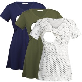 Bearsland Womens 3 Packs V Neck Nursing Tops Maternity Breastfeeding Tee Shirts,ArmyGreen+Blue+whitepoint,2XL