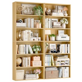 FOTOSOK 6-Tier Open Bookcase and Bookshelf Set of 2, Freestanding Display Storage Shelves Tall Bookcase for Bedroom, Living Room and Office, Natural