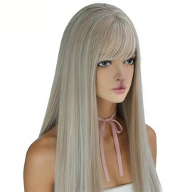 22 Inch Long Brown Straight Wig with Bangs Synthetic Wig for Women