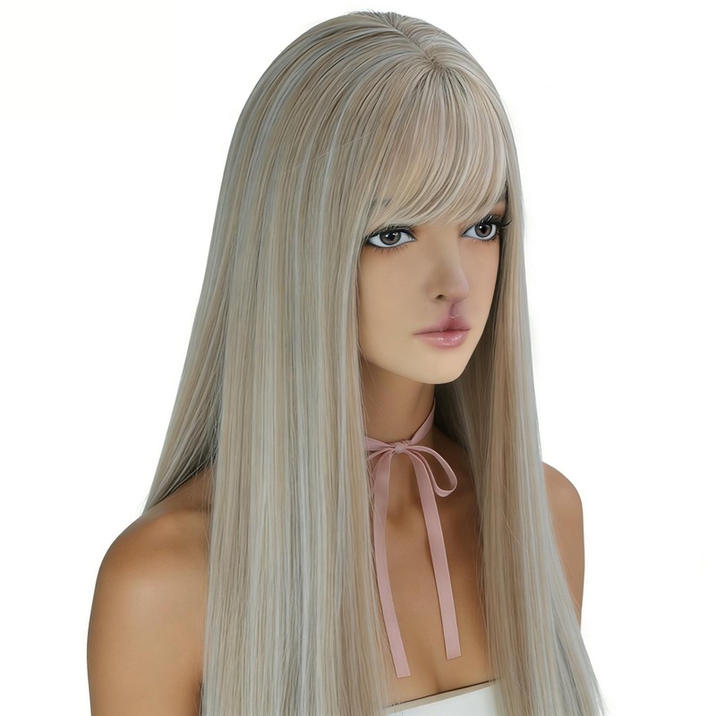 22 Inch Long Brown Straight Wig with Bangs Synthetic Wig