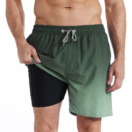 iCKER Swimming Trunks Men's Compression Liner 2 in 1 Swimming Shorts Board Shorts Quick-Drying Beach Shorts, Green (military green)