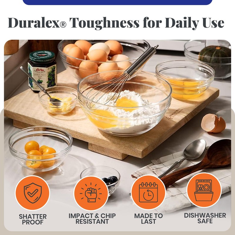 Duralex Gigogne Stackable Glass Mixing Bowls Set, Chip Resistant Durable