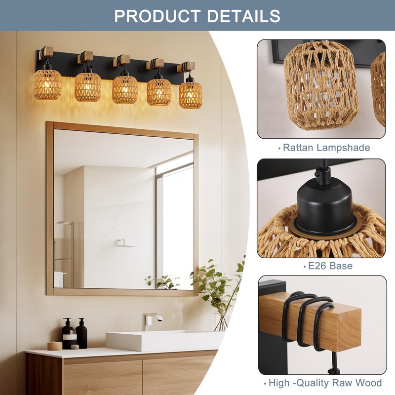 5 Light Bathroom Vanity Light Fixtures, Rustic Style Wood Bathroom