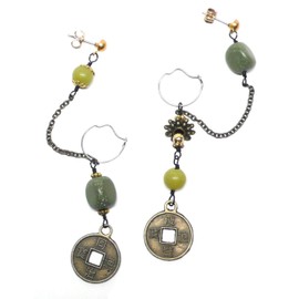 Mismatched Asymmetrical Double Pierced Earrings Chinese Replica Coin