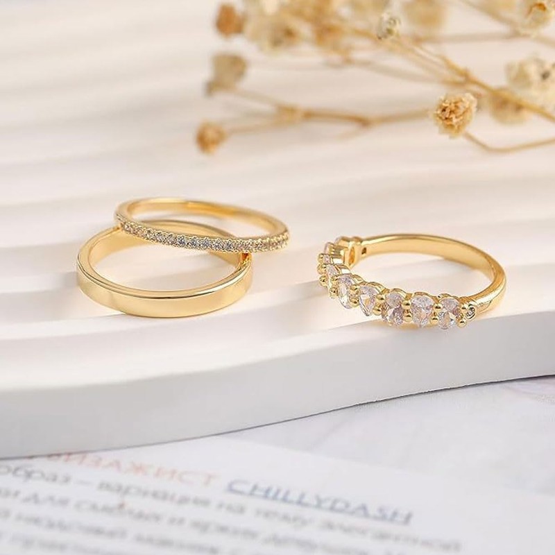 FDEETY Pack of 3 Women's Stackable Rings 14K Gold-Plated Cubic