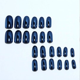 Blue Chrome Press On Nails Medium Oval, 24Pcs Blue Fake Nails Holographic Mirror Glossy Gel Solid Color, Stick Glue On Nails, Nail File And Adhesive Tabs Included