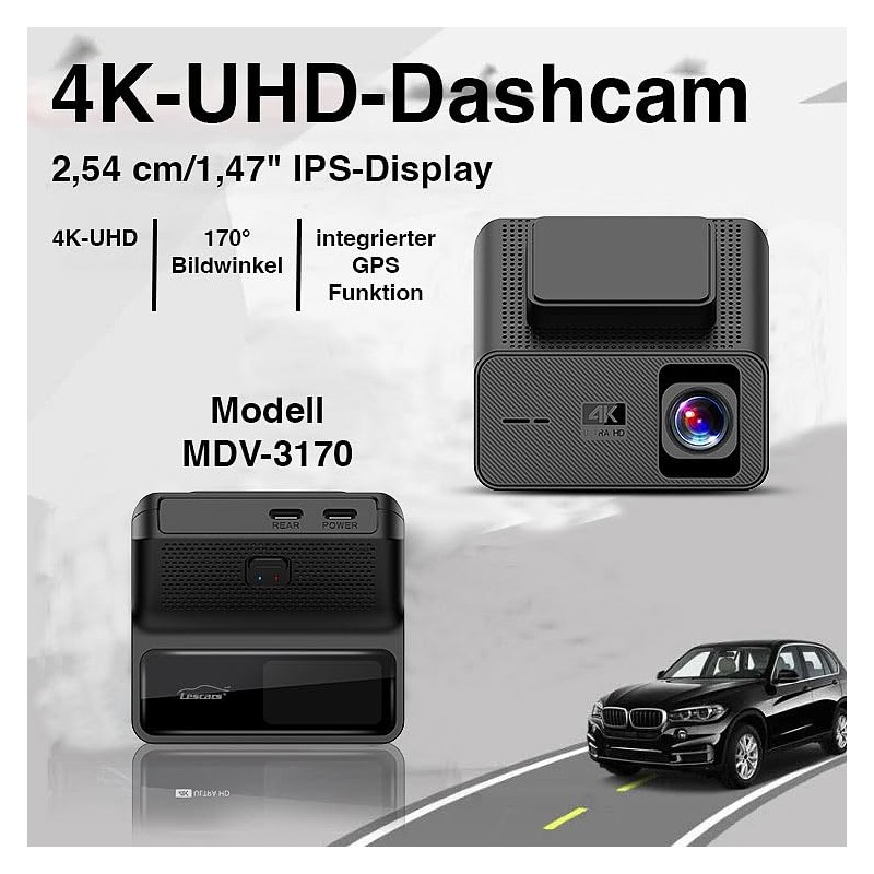 Lescars Autokamera Dashcam: 4K-UHD-Dashcam mit GPS, 1,47″ IPS-Display, G-Sensor, Parkwächter,