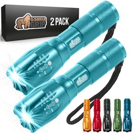 Gorilla Grip Powerful LED 750 FT Water Resistant 5 Adjustable Mode Tactical Flashlight, High Lumens Ultra Bright Battery Zoom Flashlights, Small Camping Car Mini Flash Light Accessory 2 Pack Turquoise