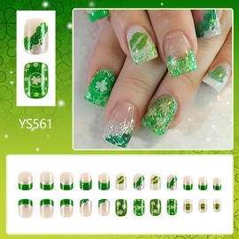 St. Patrick's Day Glitter Press on Nails Short Square Fake Nails Shamrock French Tip False Nails with Lucky Clover Designs, Full Cover Acrylic on Nails Glue on Nails for Holiday DIY Manicure 24Pcs
