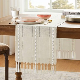 YZJZEDS Hemstitched Farmhouse Table Runner, Beige 13x60 Inch, Cotton Linen Table Runners 60 Inches Long, Embroidered Striped Beige Boho Table Runner Rustic Home Decor