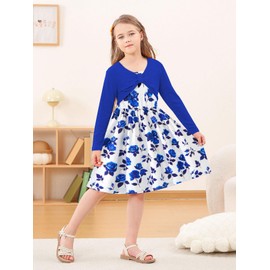 Kimoda Girls 2 Piece Outfits Blue Floral Cute Dresses 9-10 Kids Winter Holiday Dress Set Graduation Outfit for Girls 10 Year Old Girl Clothes