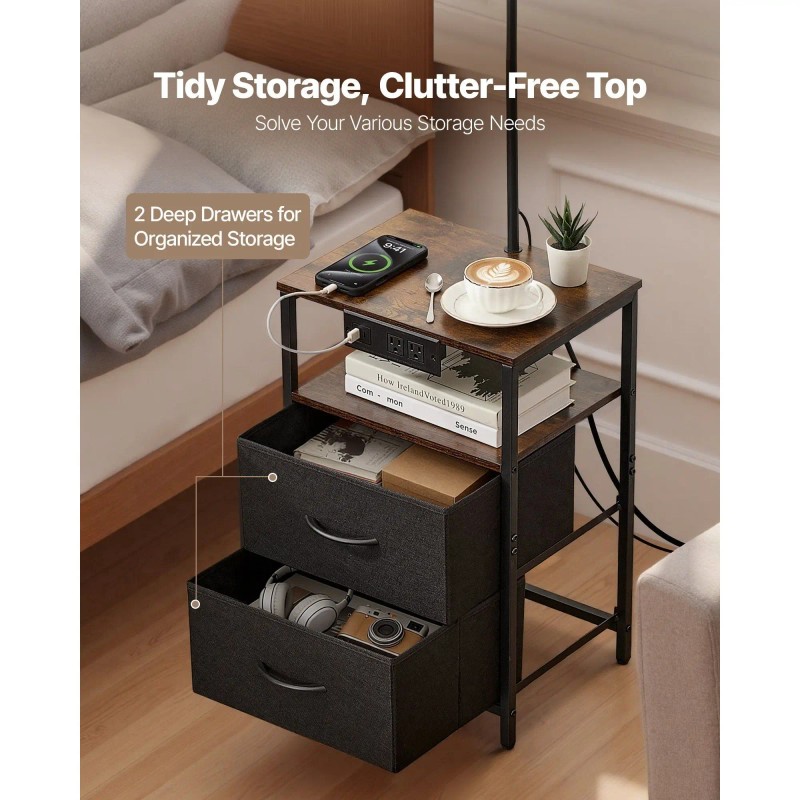 Modern 2-Tier 2-Drawer End Table 3-Color Temperature Lighting Nightstand Bedside