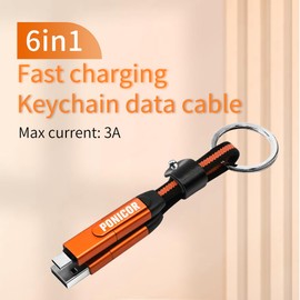 PONICOR 6 in 1 Short Keychain Multi Charging Cable 3A Fast Charger Cord, Nylon Braided USB C Cable for Travel, Universal Charging Cable for Cell Phones (Orange)