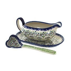 Blue Rose Polish Pottery Summer Vine Gravy Boat & Ladle