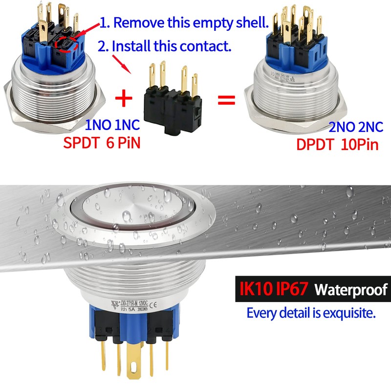 30mm Latching Push Button Switch Big Button White DPDT/SPDT Waterproof