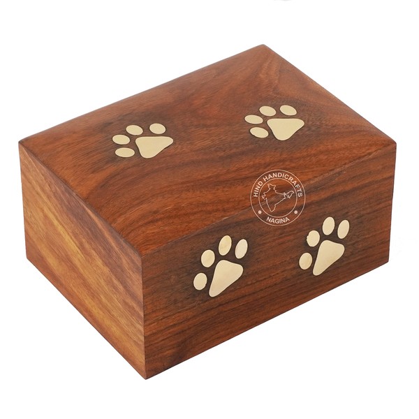 Hind Handicrafts Brass Paw Inlaid Rosewood Pet Urn Dog Cat Keepsake Urn Urn for Ashes, Photo Wooden Box, Cremation Urn Small: 6" x 4" x 3" - 45lbs or 20kg