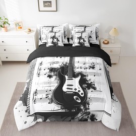 Feelyou Music 7 Pieces Bedding Set Full Size Guitar Comforter Set with Sheets for Kids Boys Girls Rock Music Bed in a Bag Guitar Instruments Bed Set